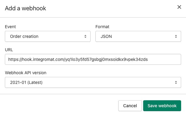Insert Integromat webhook address into Shopify webhook