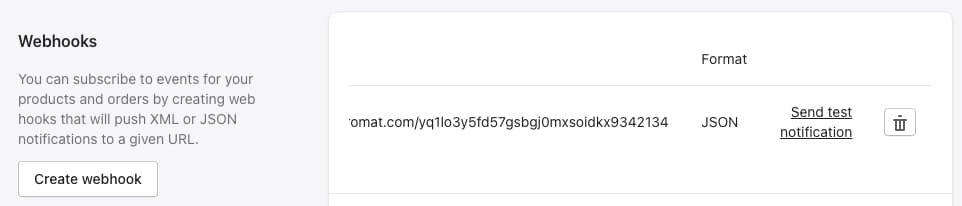 Send test notification Shopify webhook